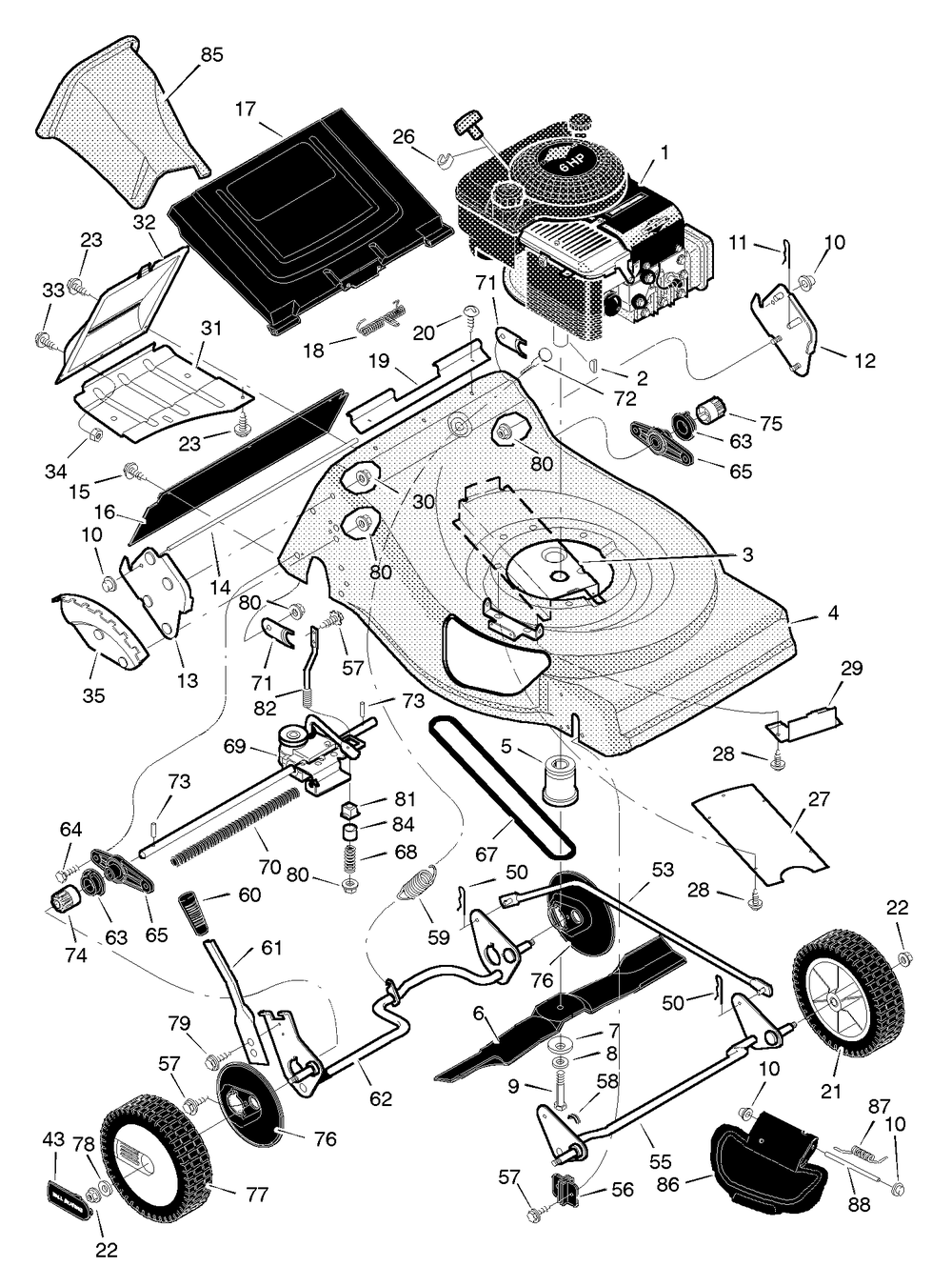 Mower Housing Assembly Diagram and Parts List for 21865X62A 1996 Briggs and Stratton Lawn Mower